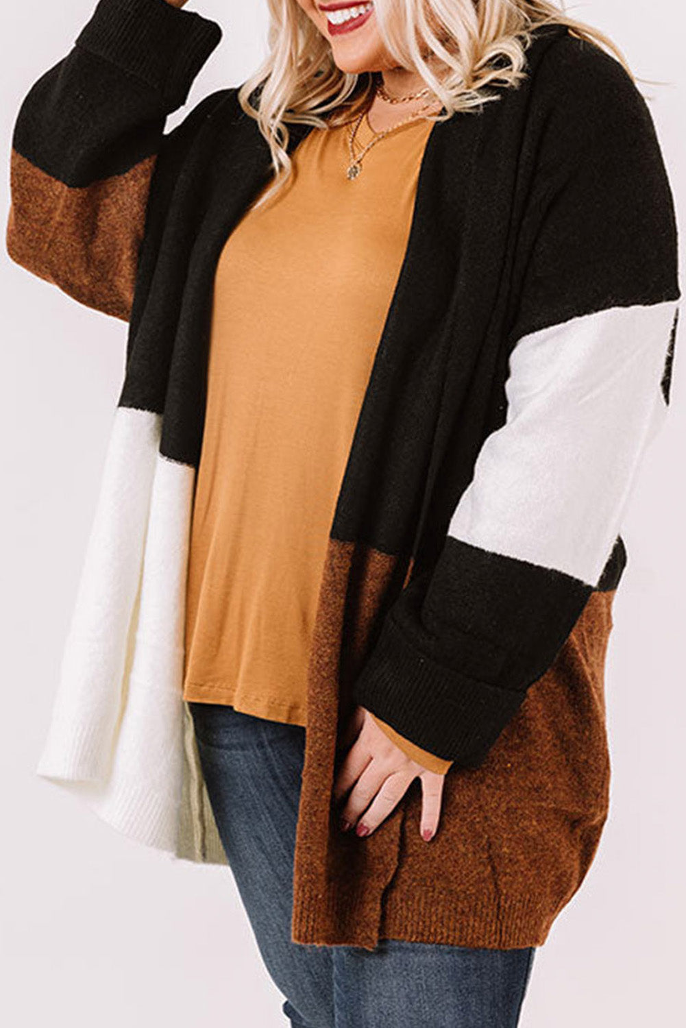 Brown Color Block Plus Size Open Front Cardigan