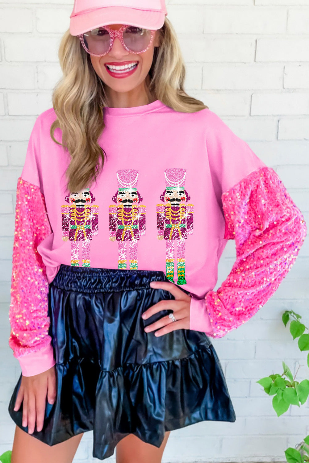 Pink Nutcracker Sequin Sleeve Patchwork Graphic Sweatshirt