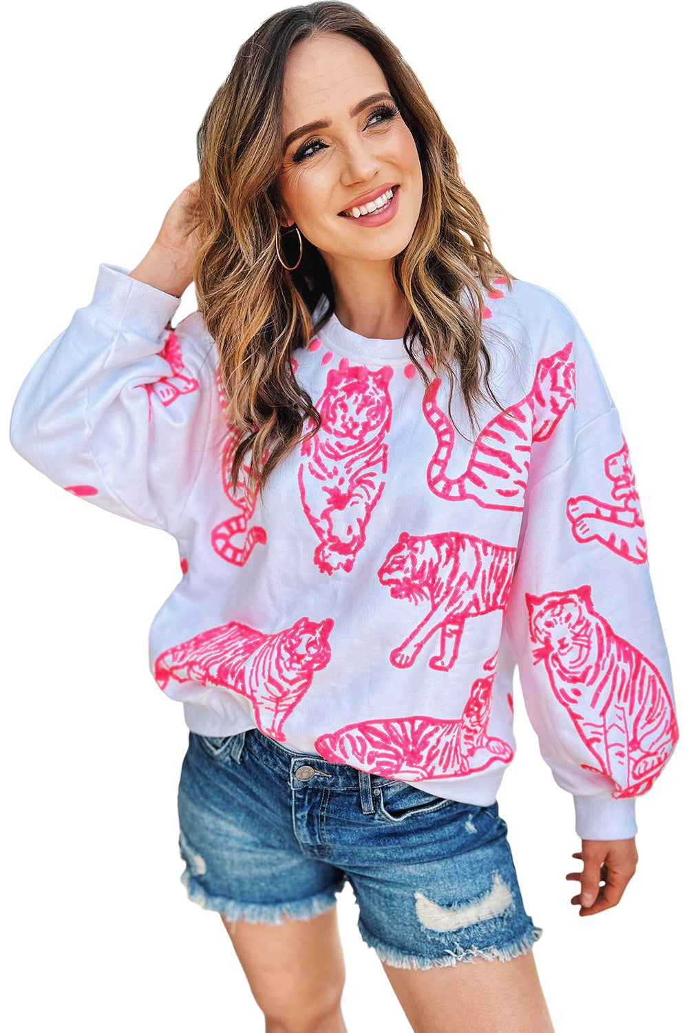 White Round Neck Pink Tigers Pullover Sweatshirt