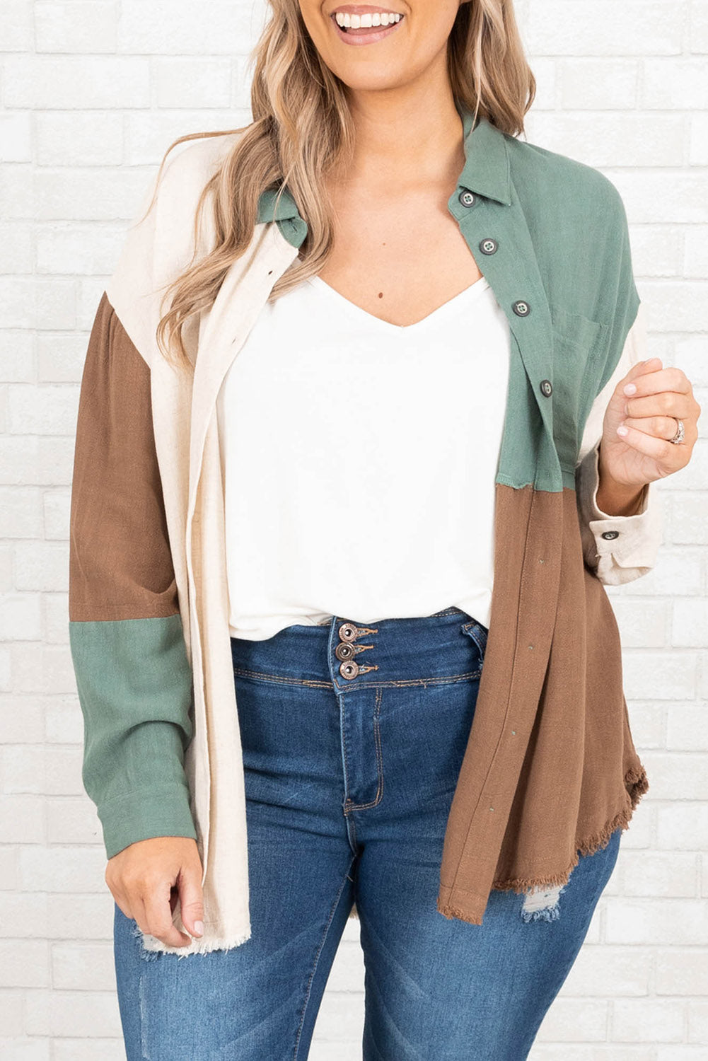 Green Colorblock Button-Up Long Sleeve Plus Size Shirt