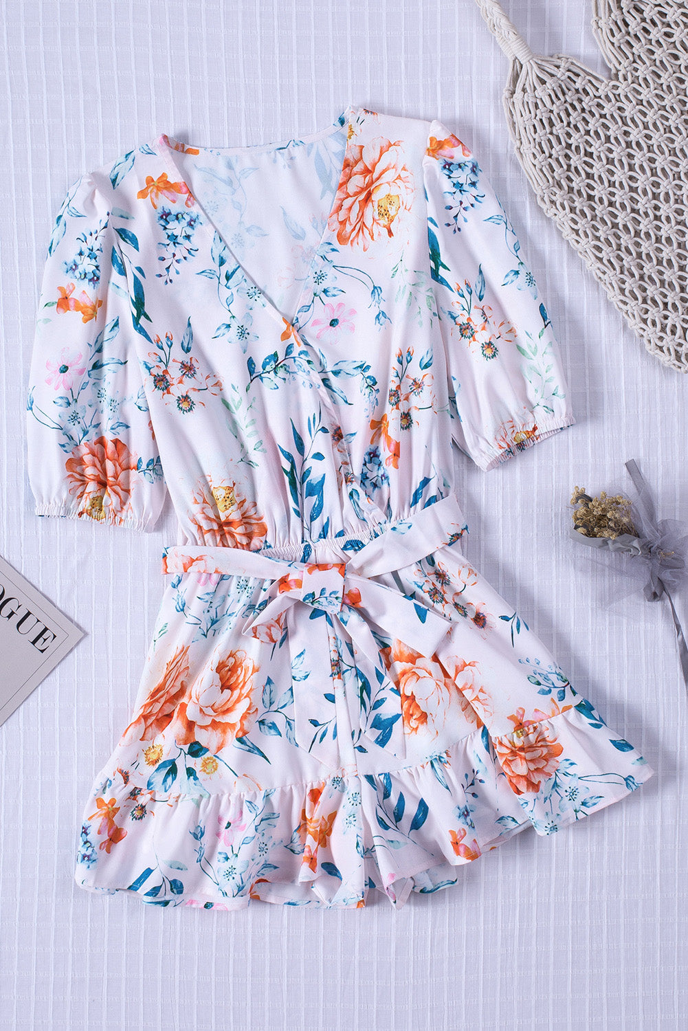 White Floral Print Puff Sleeves Belted Romper