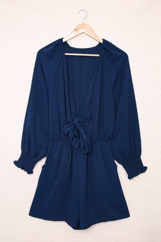 Dark Blue Tie Knot Shirred Cuffs Puff Long Sleeve Romper