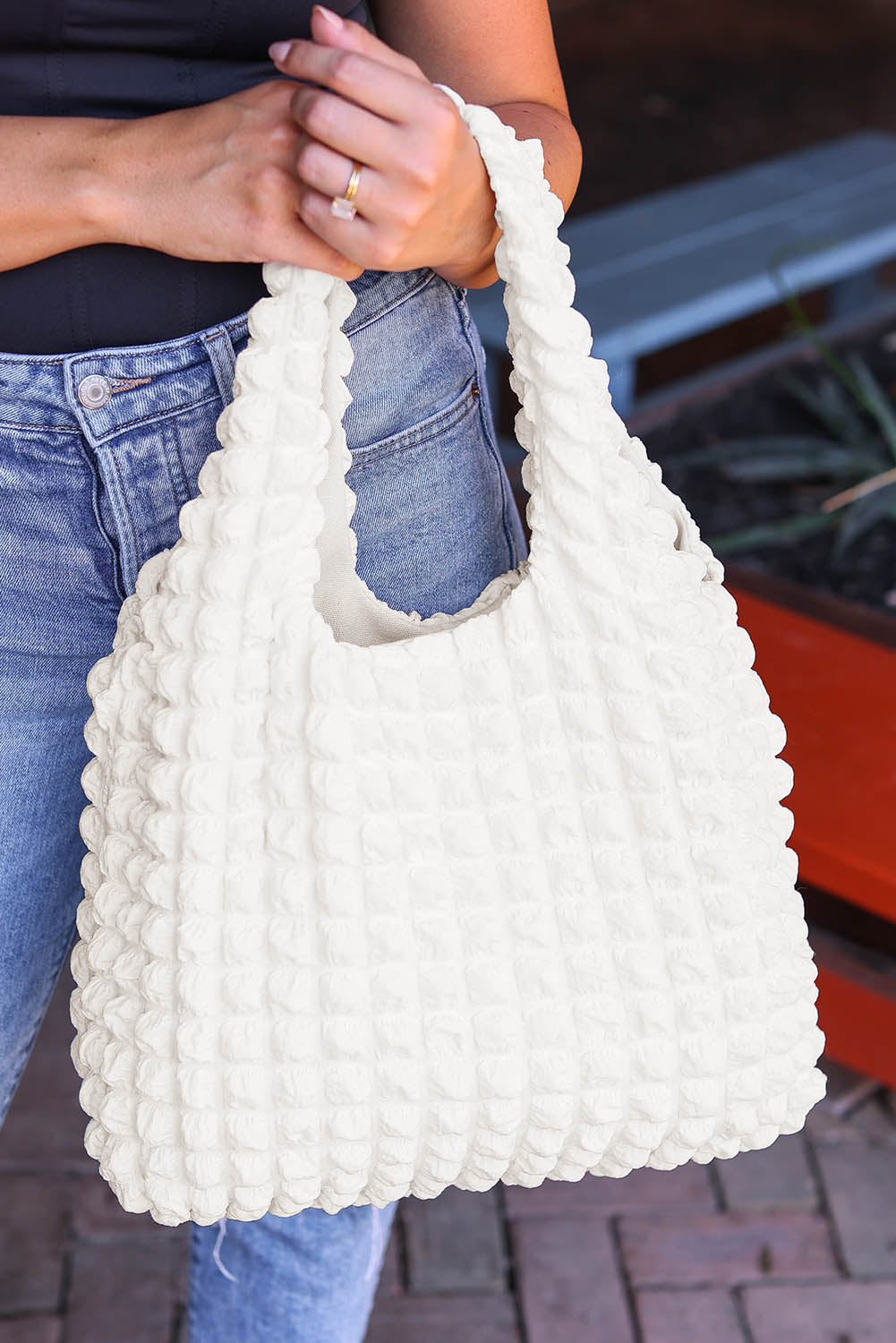 White Textured Pleated Bubble Shoulder Bag