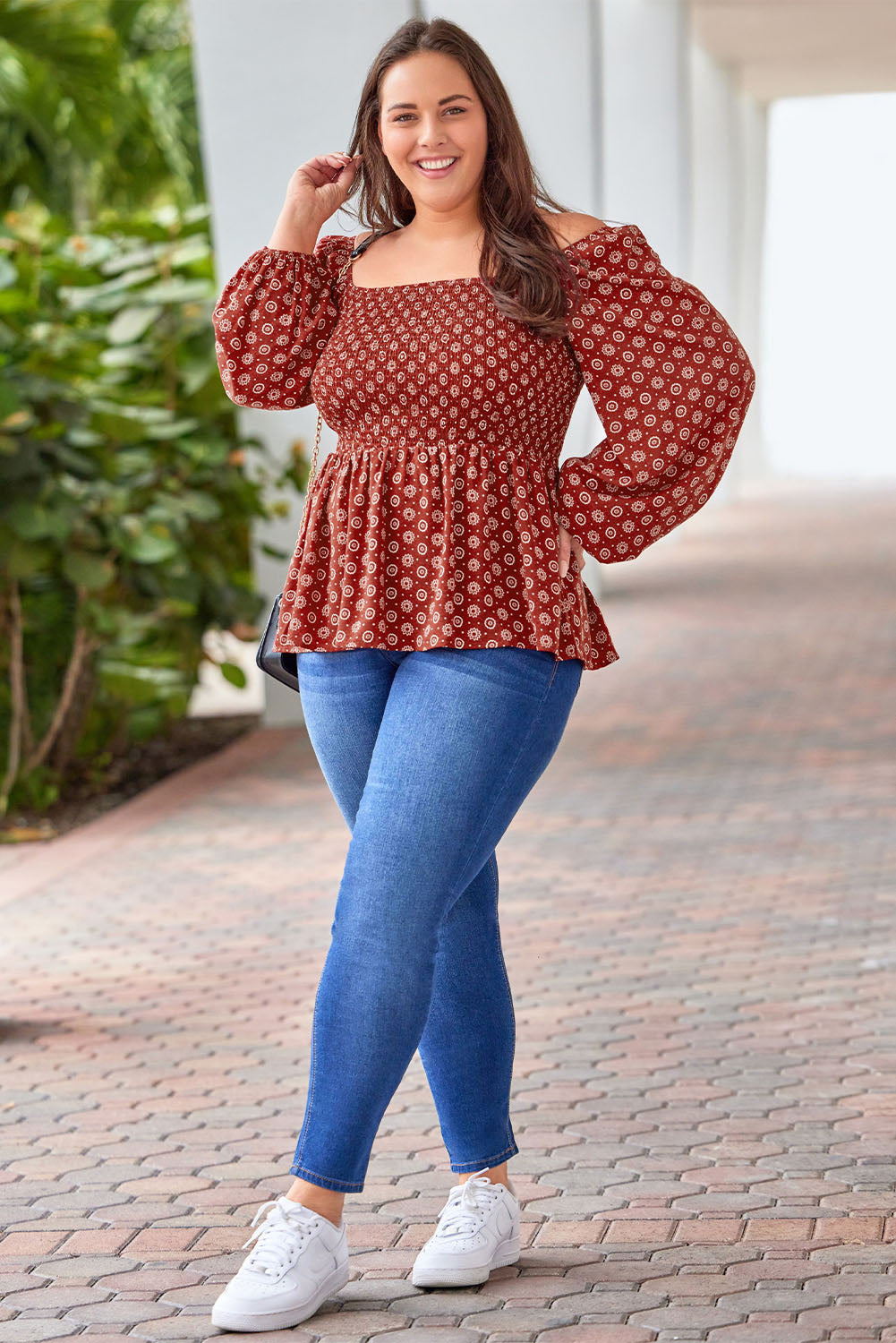 Red Plus Size Shirred Square Neck Printed Peplum Top