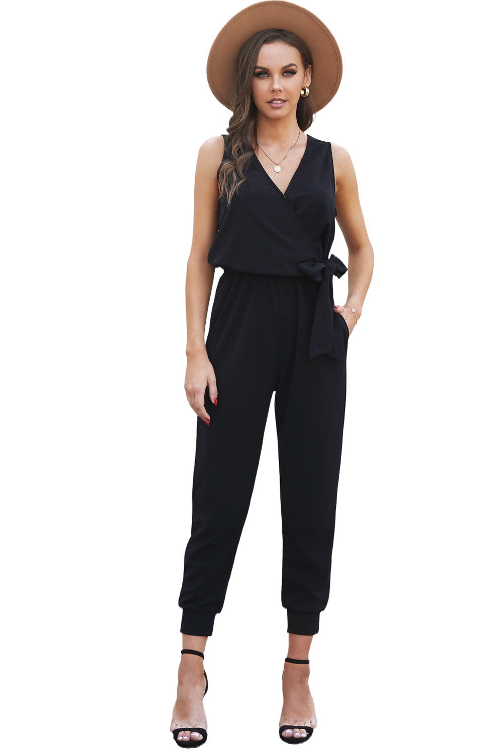 Black Solid Casual Deep V Neck Sleeveless Jumpsuit