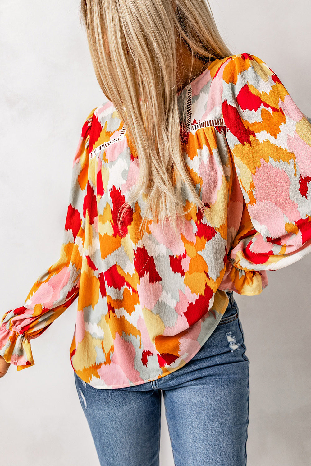 Multicolor Abstract Print Boho Ruffle Long Sleeve Blouse