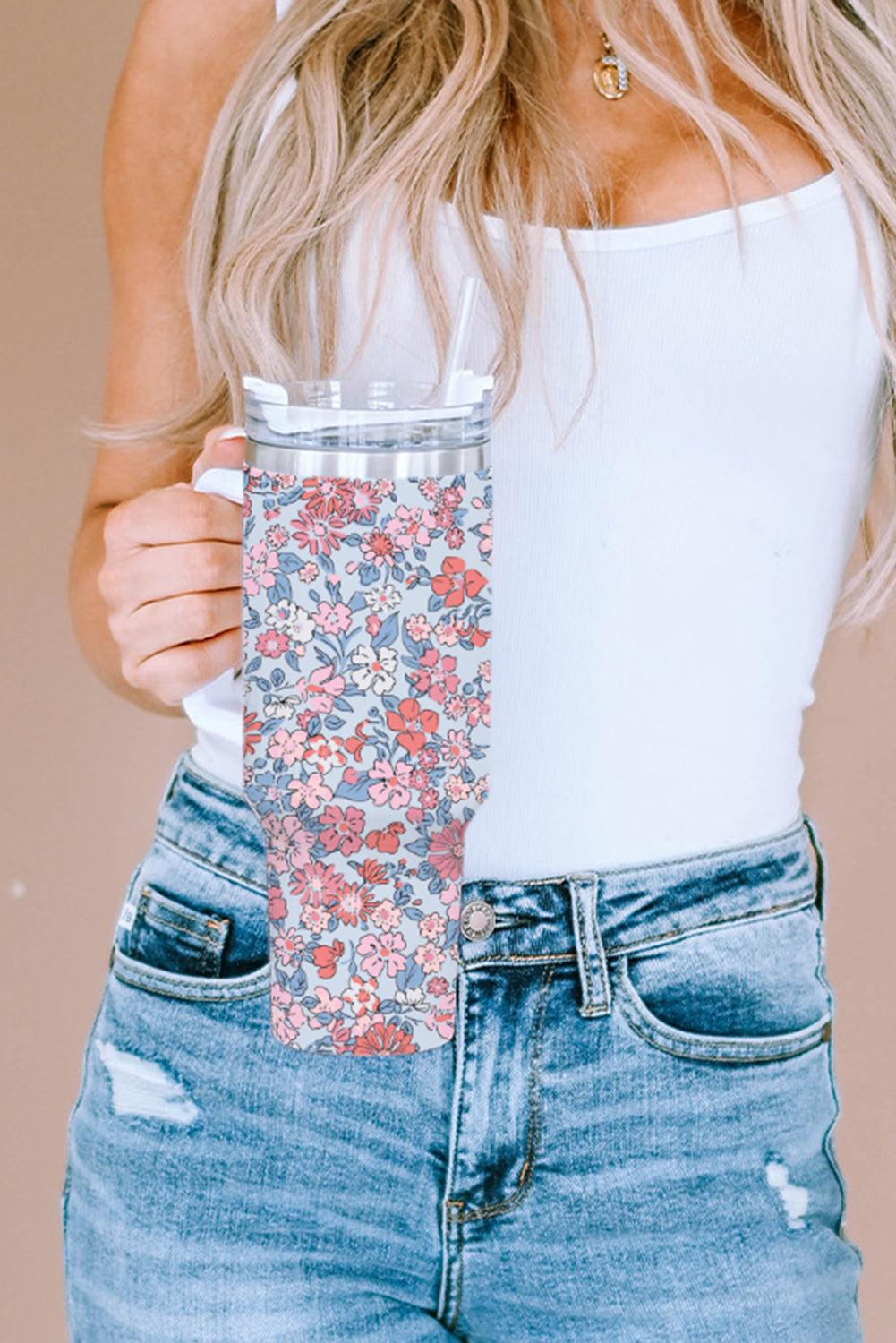 Multicolour Floral Print Handled Stainless Tumbler with Straw