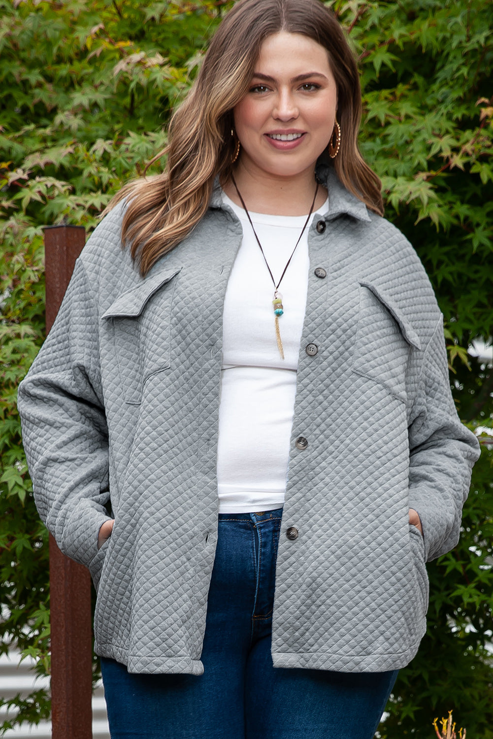 Gray Plus Size Pocketed Quilted Shacket