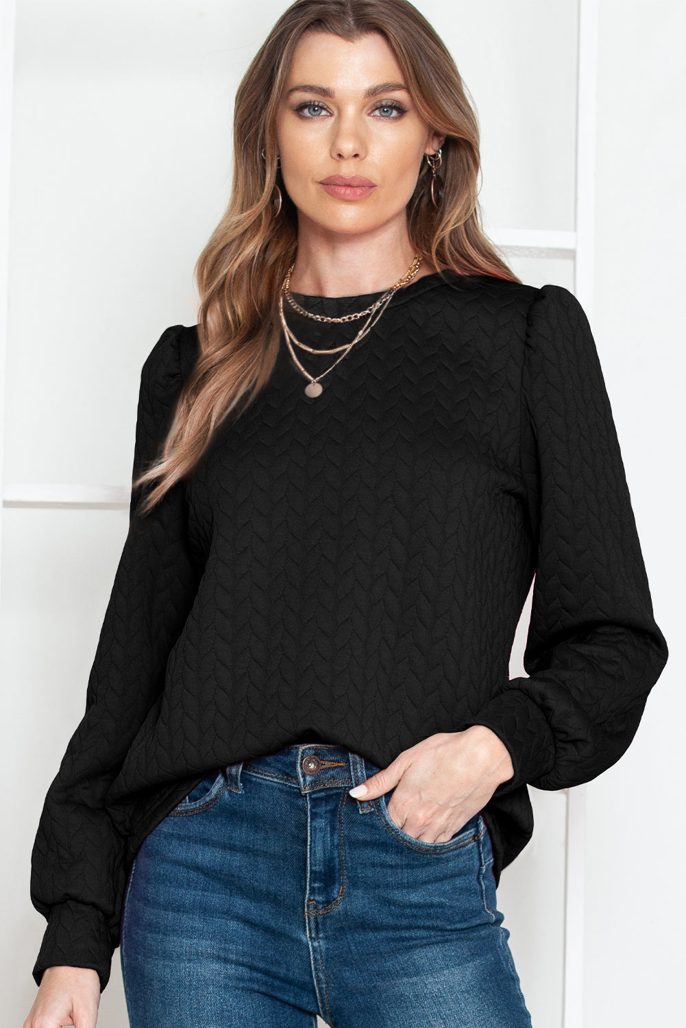 Black Waffle Quilted Puff Sleeve Sweatshirt