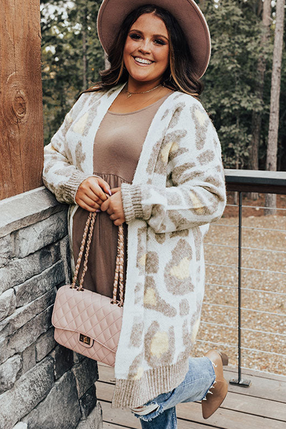 Beige Leopard Pattern Plus Size Long Cardigan