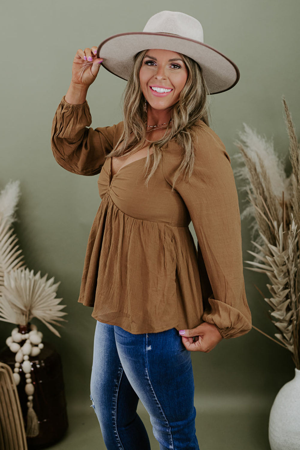 Khaki V-Neck Long Sleeve Shirred Peplum Plus Size Blouse