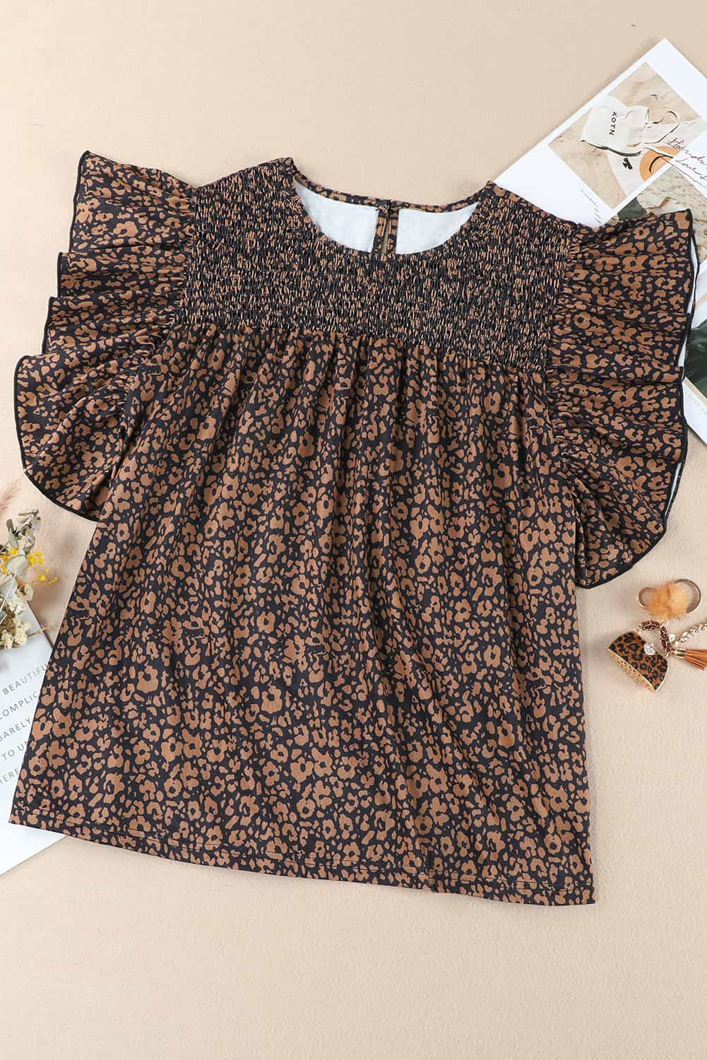 Black Plus Size Smocked Floral Blouse