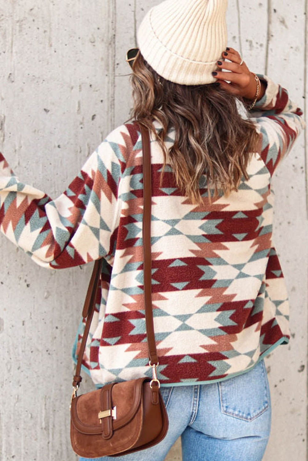 Red Geometric Pattern Plus Size Fleece Jacket