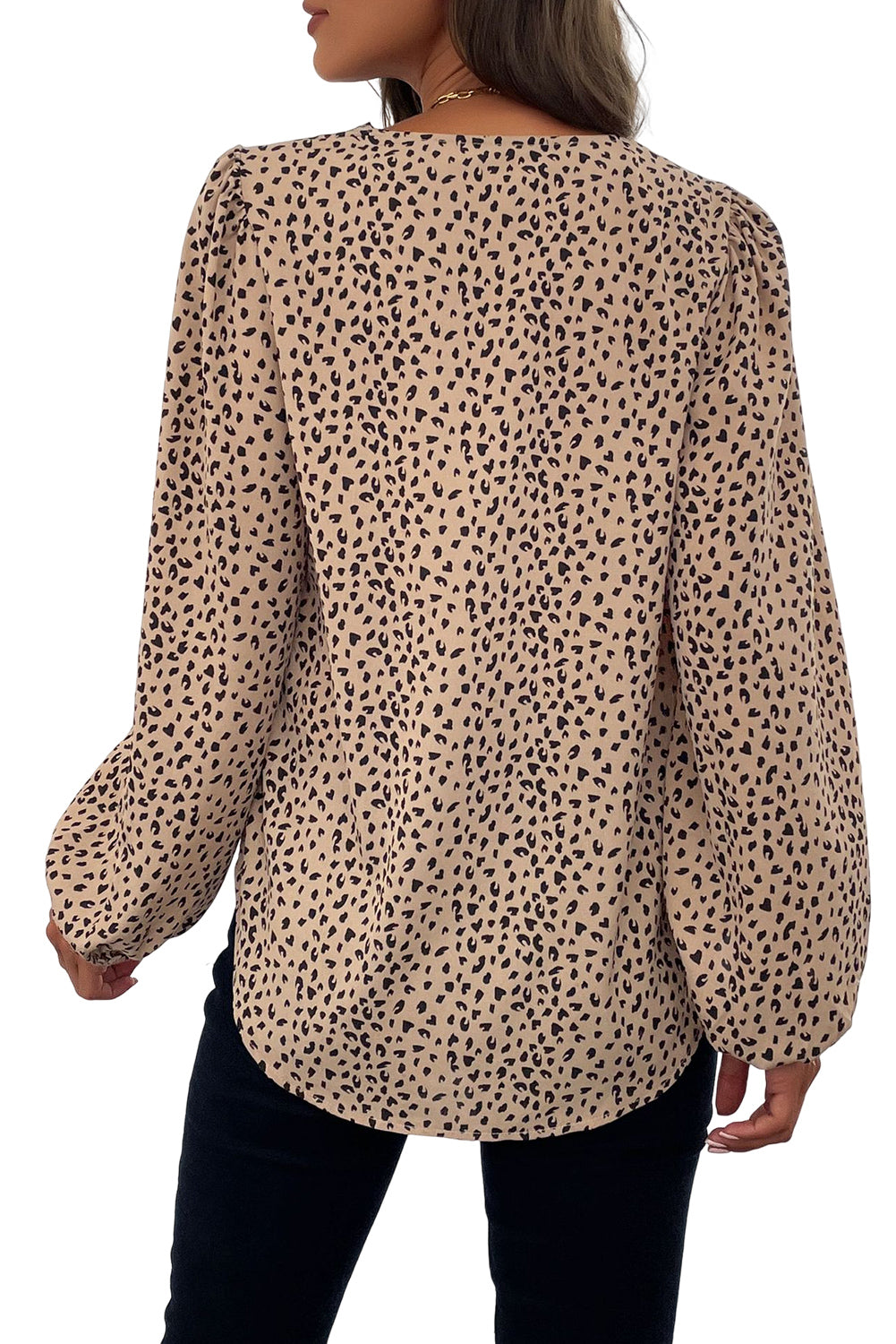 Khaki Casual Leopard Print Button V Neck Shirt