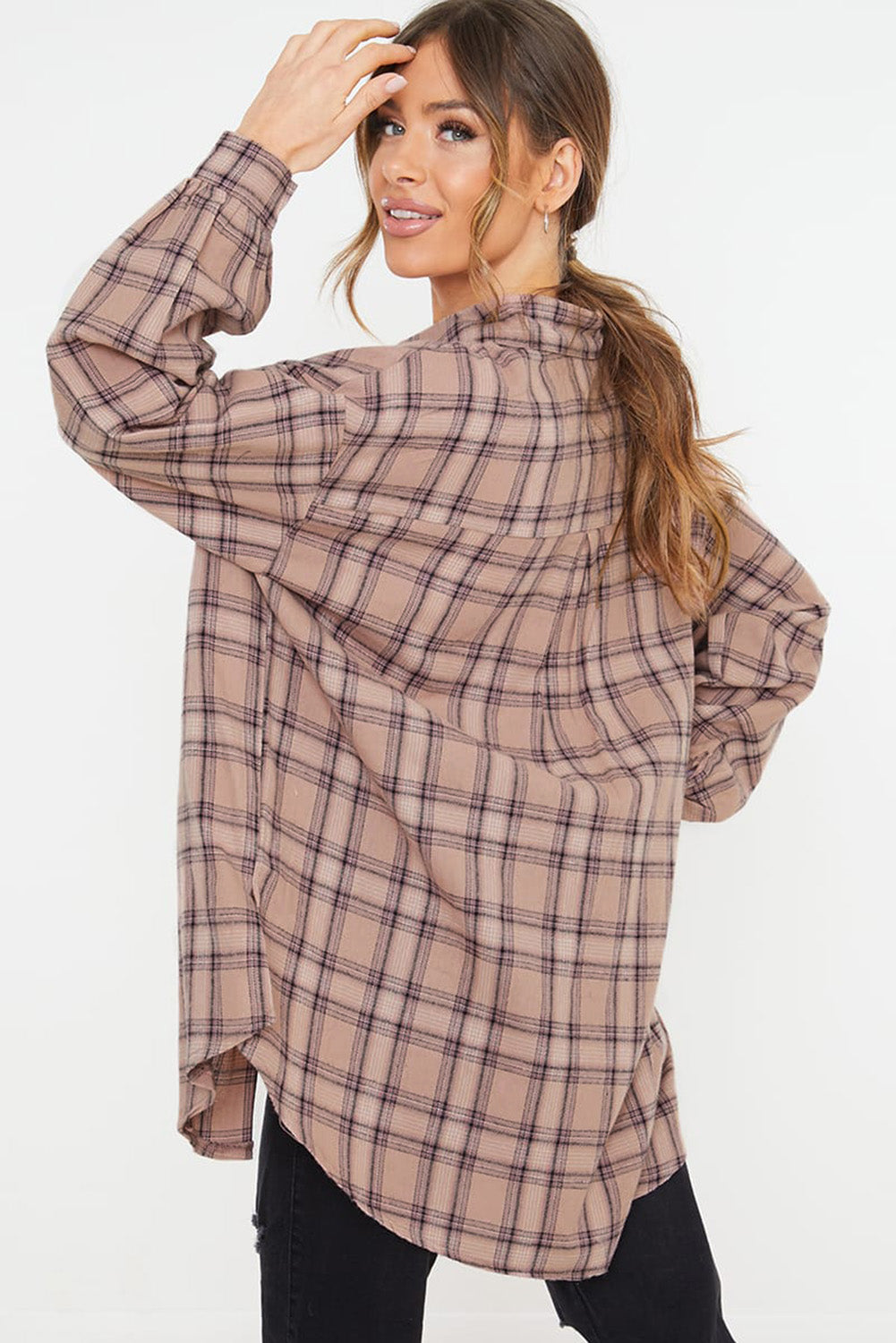 Pink Plus Size Plaid Print Buttoned Oversized Tunic Shirt