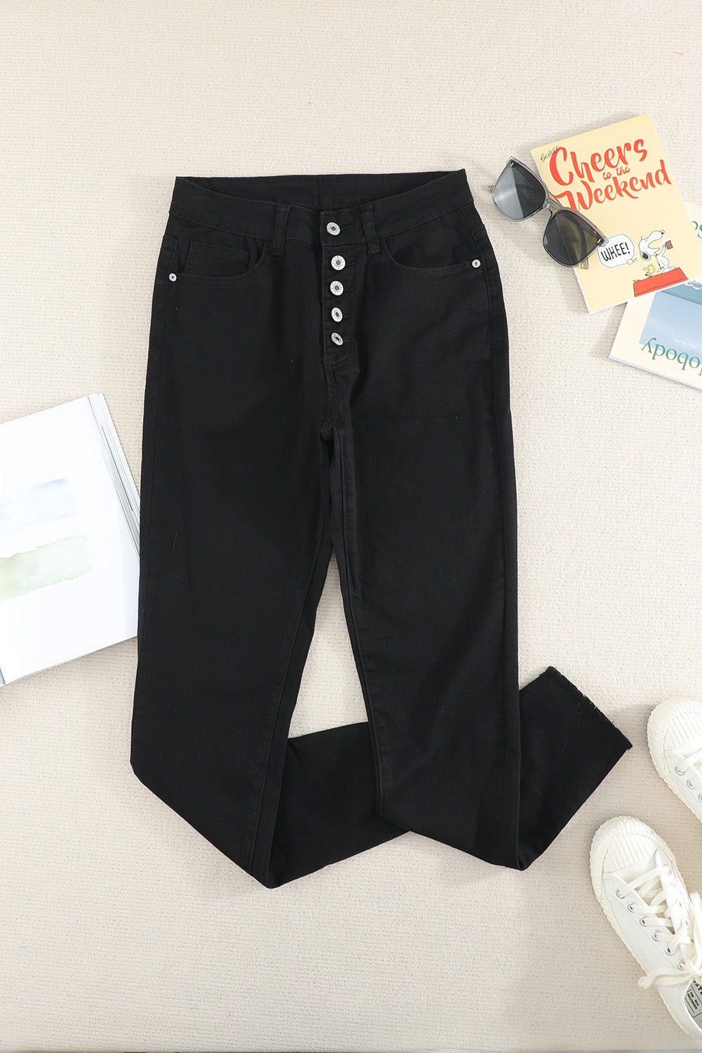 Black Buttons Frayed Cropped High Waisted Jeans