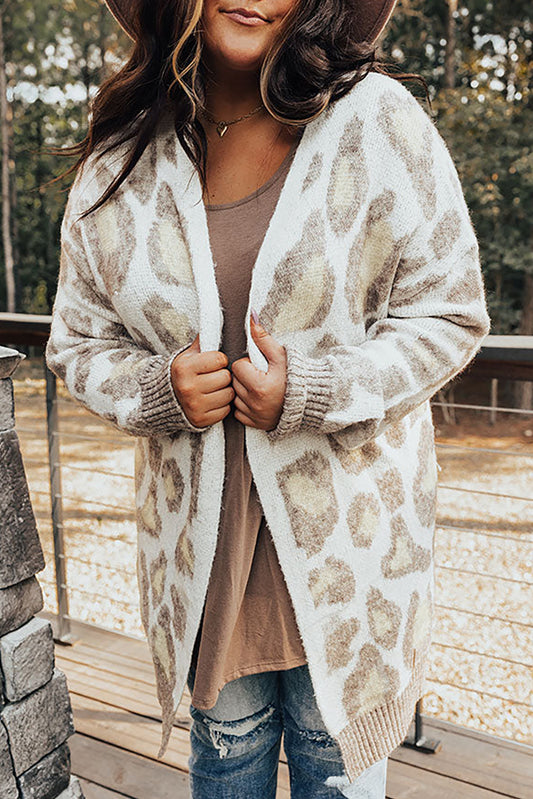 Beige Leopard Pattern Plus Size Long Cardigan