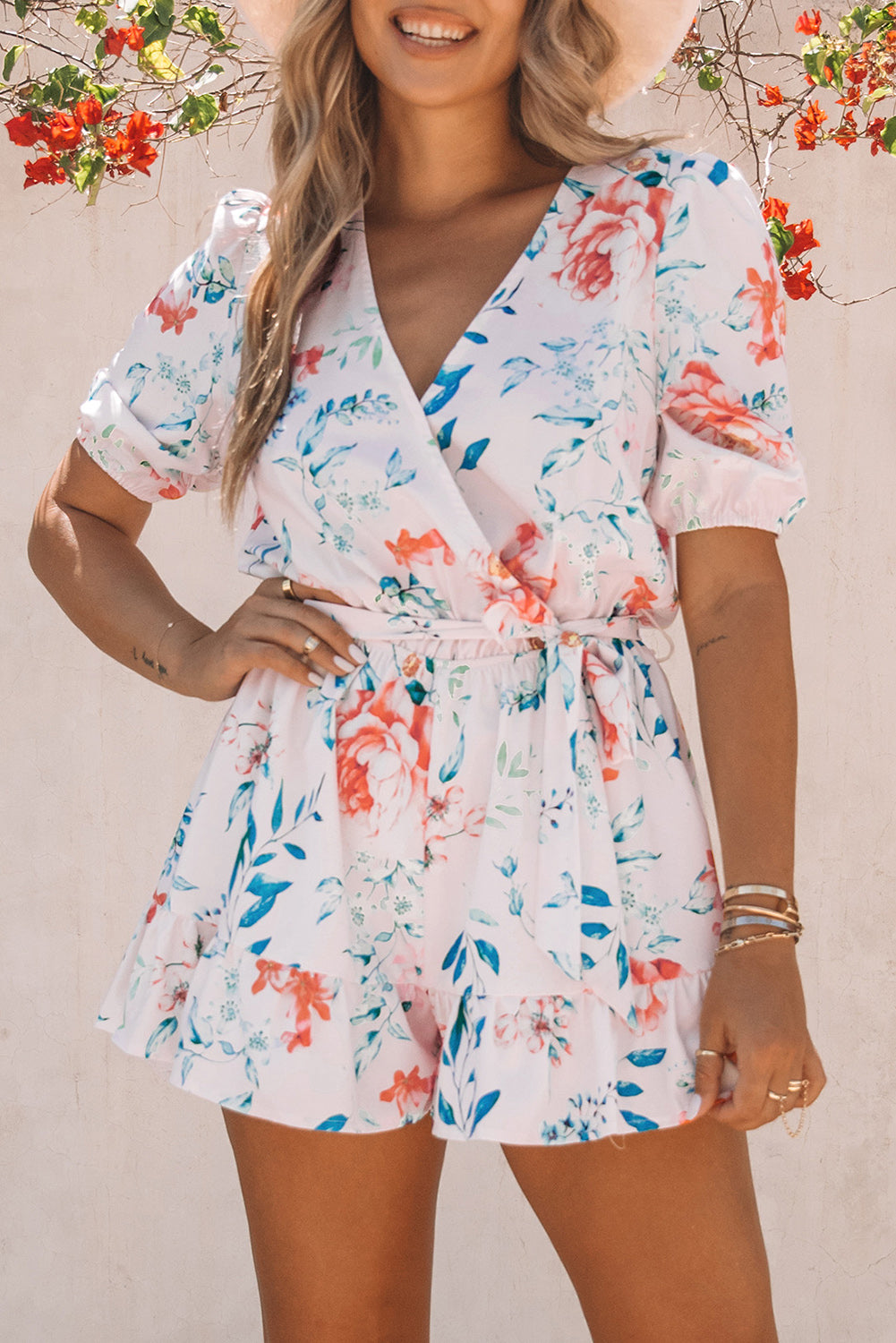 White Floral Print Puff Sleeves Belted Romper