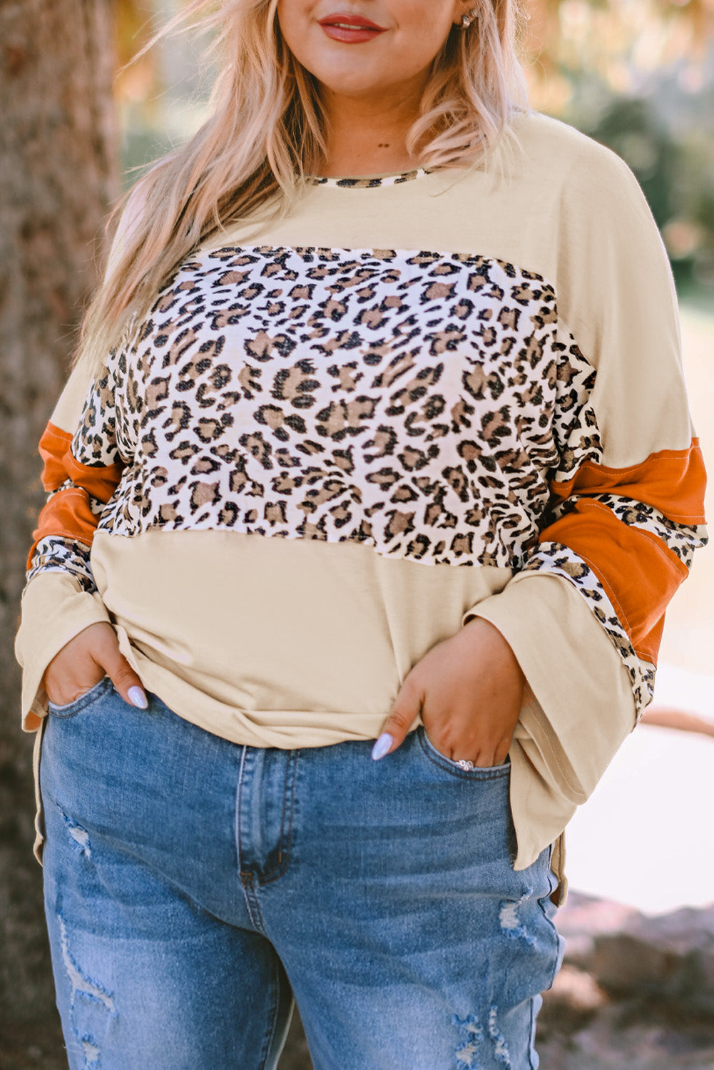 Apricot Leopard Print Color Block Patchwork Plus Size Top