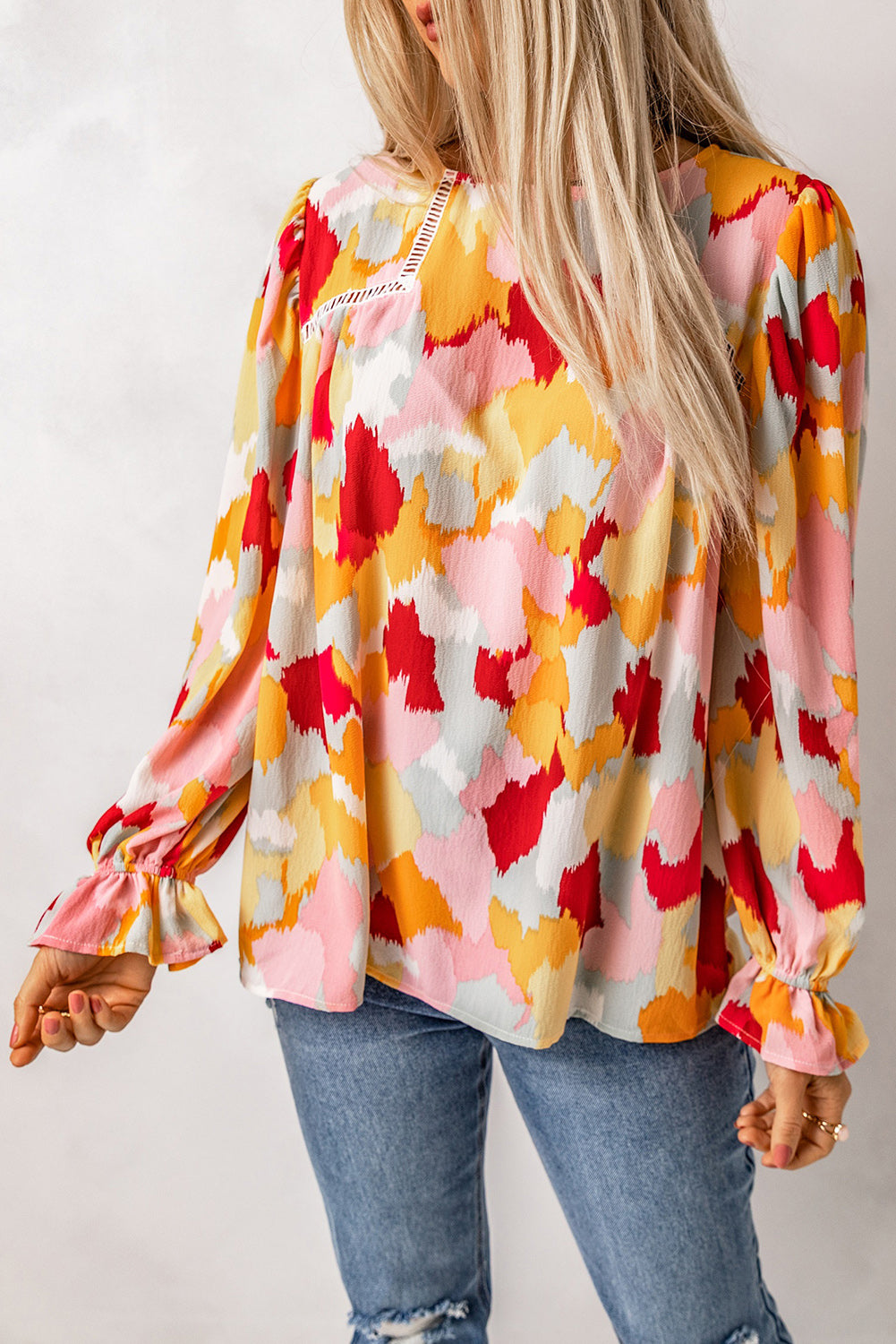 Multicolor Abstract Print Boho Ruffle Long Sleeve Blouse