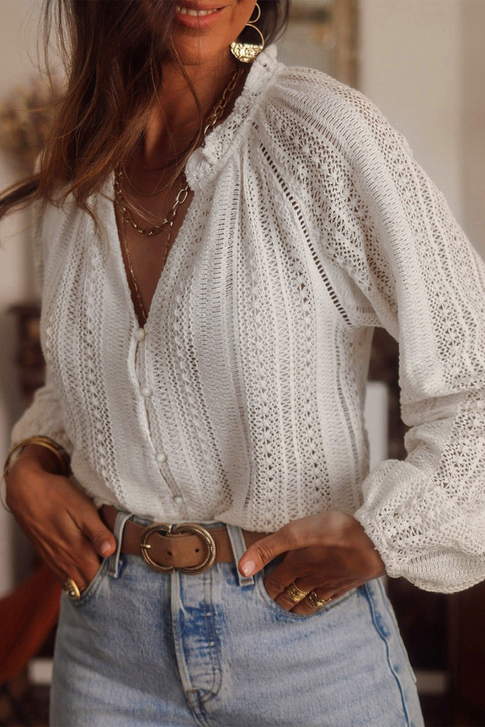 White Notch Neck Button Down Raglan Sleeve Crochet Top