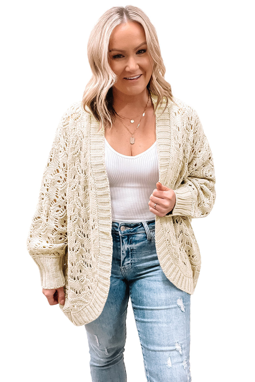 Beige Plus Size Hollowed Open Front Ribbed Trim Cardigan