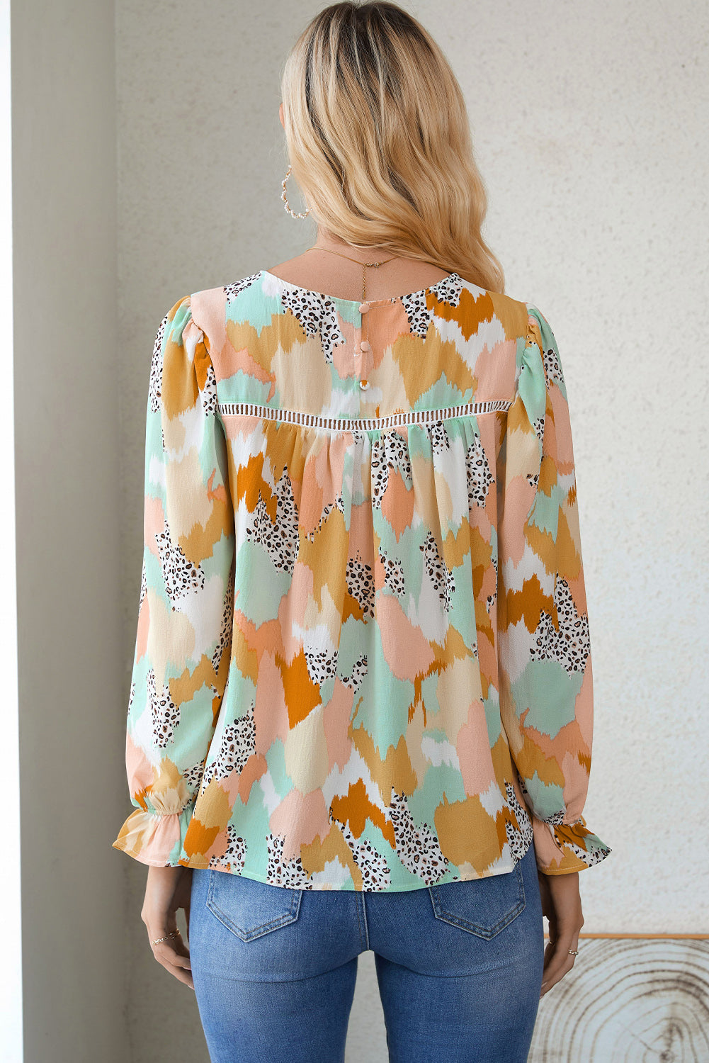 Multicolor Abstract Print Boho Ruffle Long Sleeve Blouse