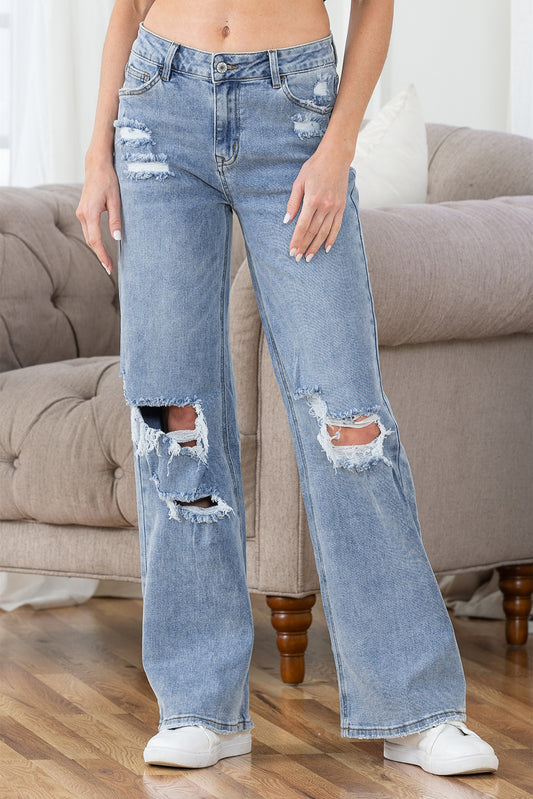 Light Blue Destroyed Ripped Casual Wide Leg Jeans