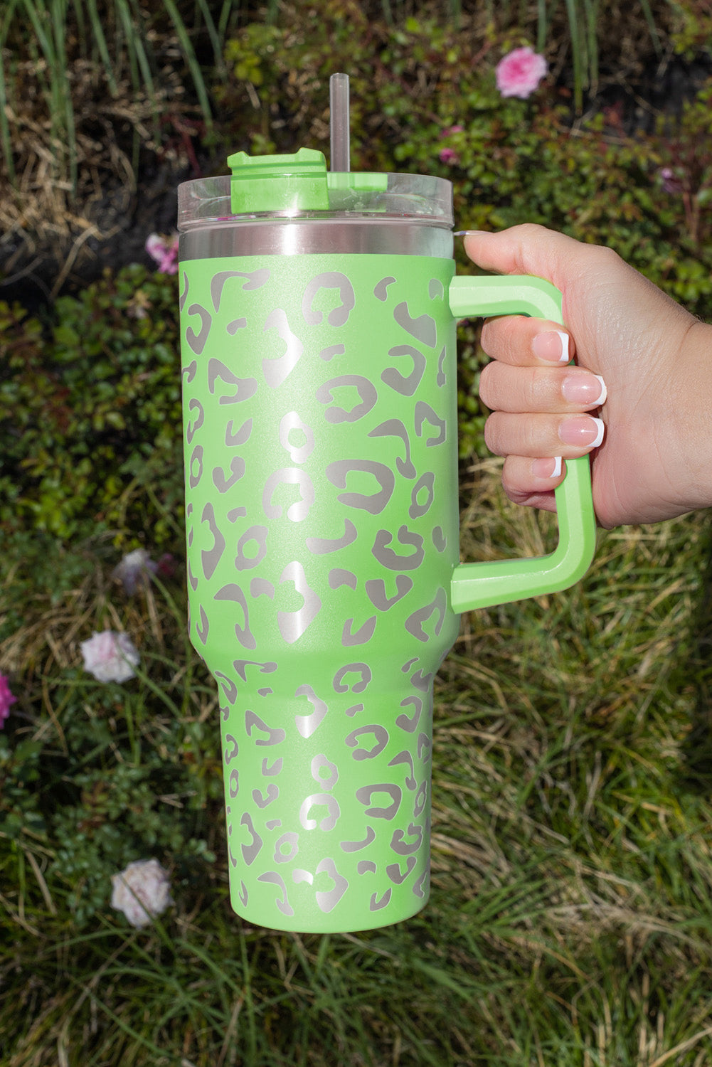 Pink 304 Leopard Spotted Stainless Double Insulated Tumbler Mug With Handle