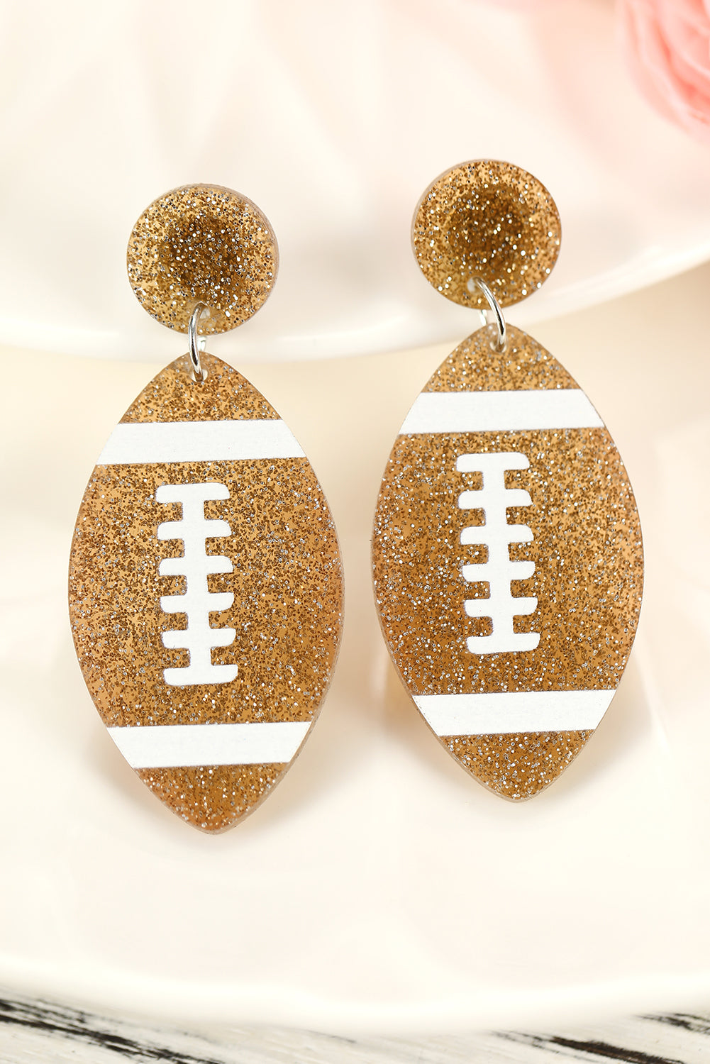 Brown Glittering Rugby Pendant Earrings