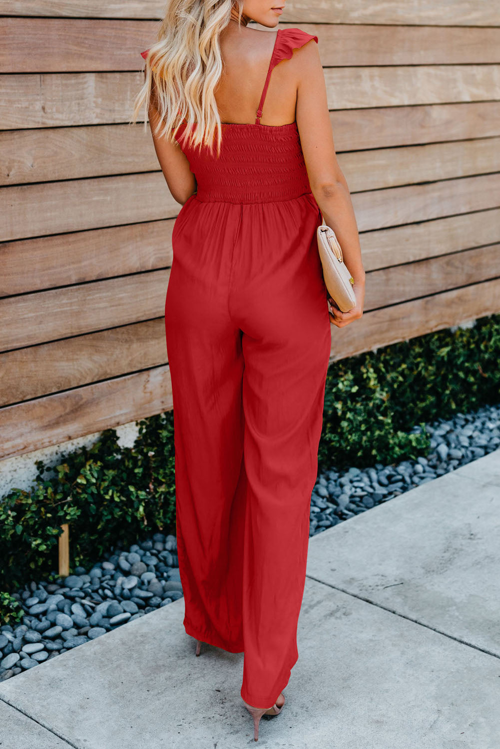 Apricot Smocked Ruffle Strap Pocket Wide Leg Jumpsuit