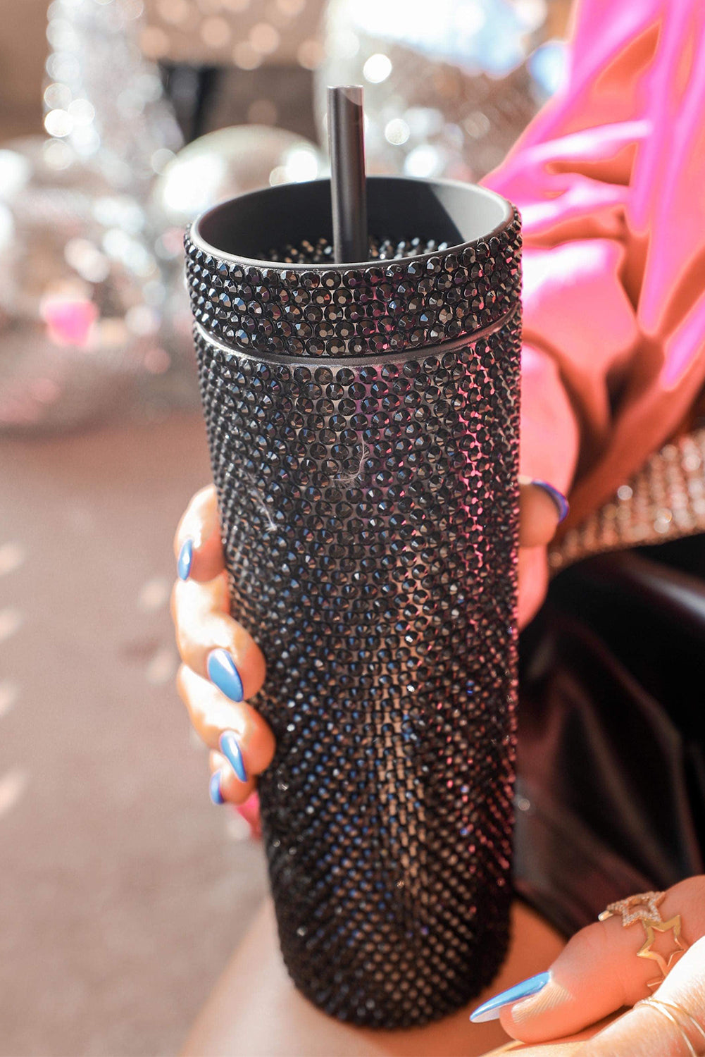 Black 16oz Full Rhinestone Straw Tumbler Cup