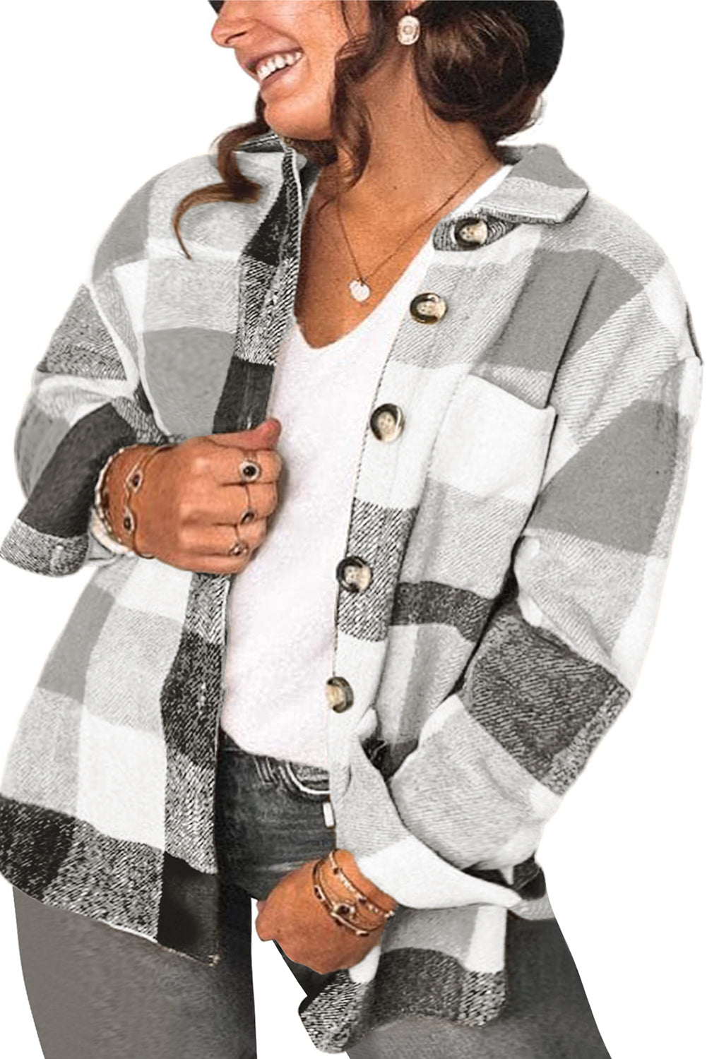 Gray Plus Size Checkered Button-Up Shacket