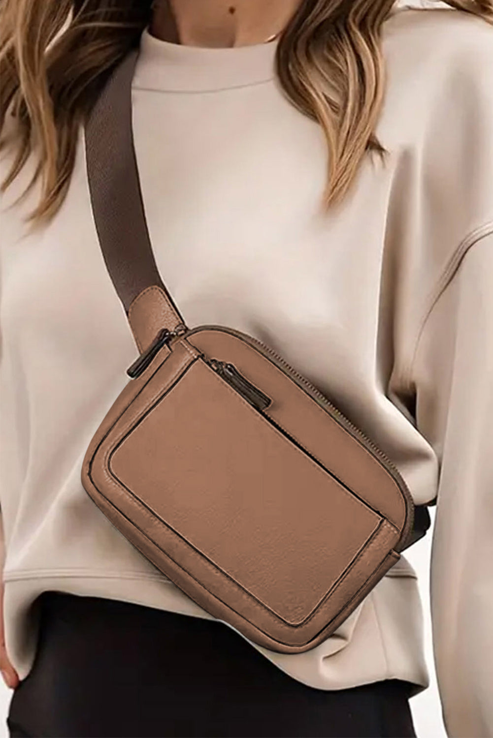 Camel Minimalist Multi-zipped Crossbody Bag