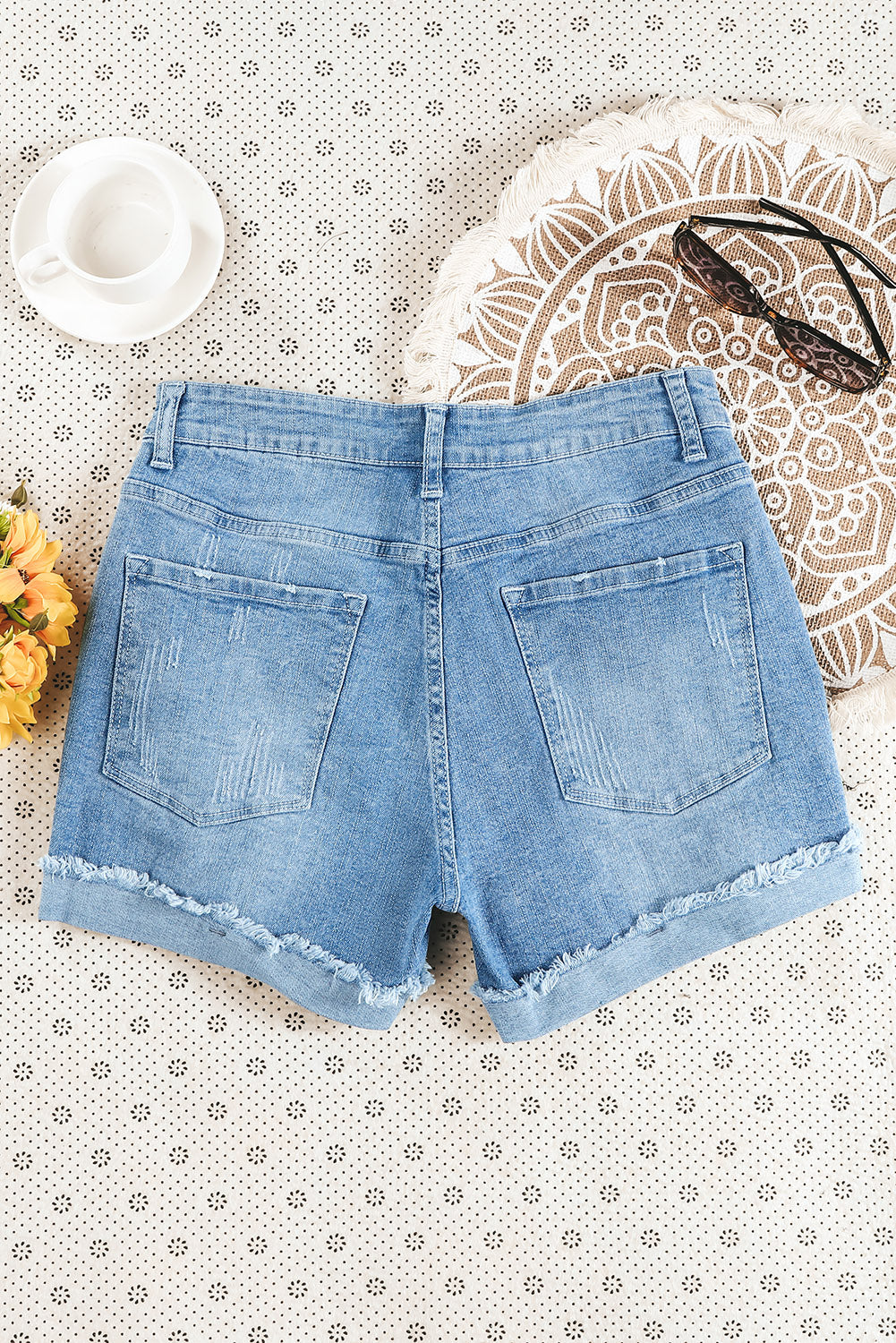 Light Blue Casual Ripped Rolled Hem Denim Shorts