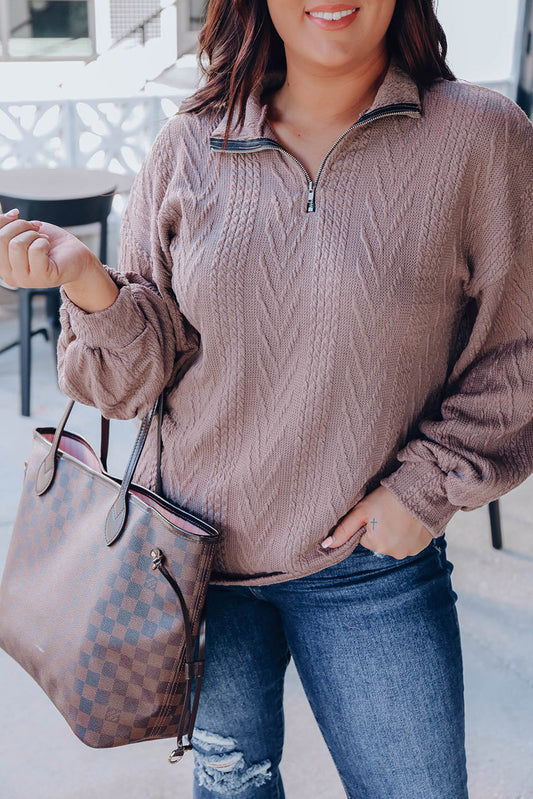 Brown Plus Size Textured Knit Zip Neck Pullover Top