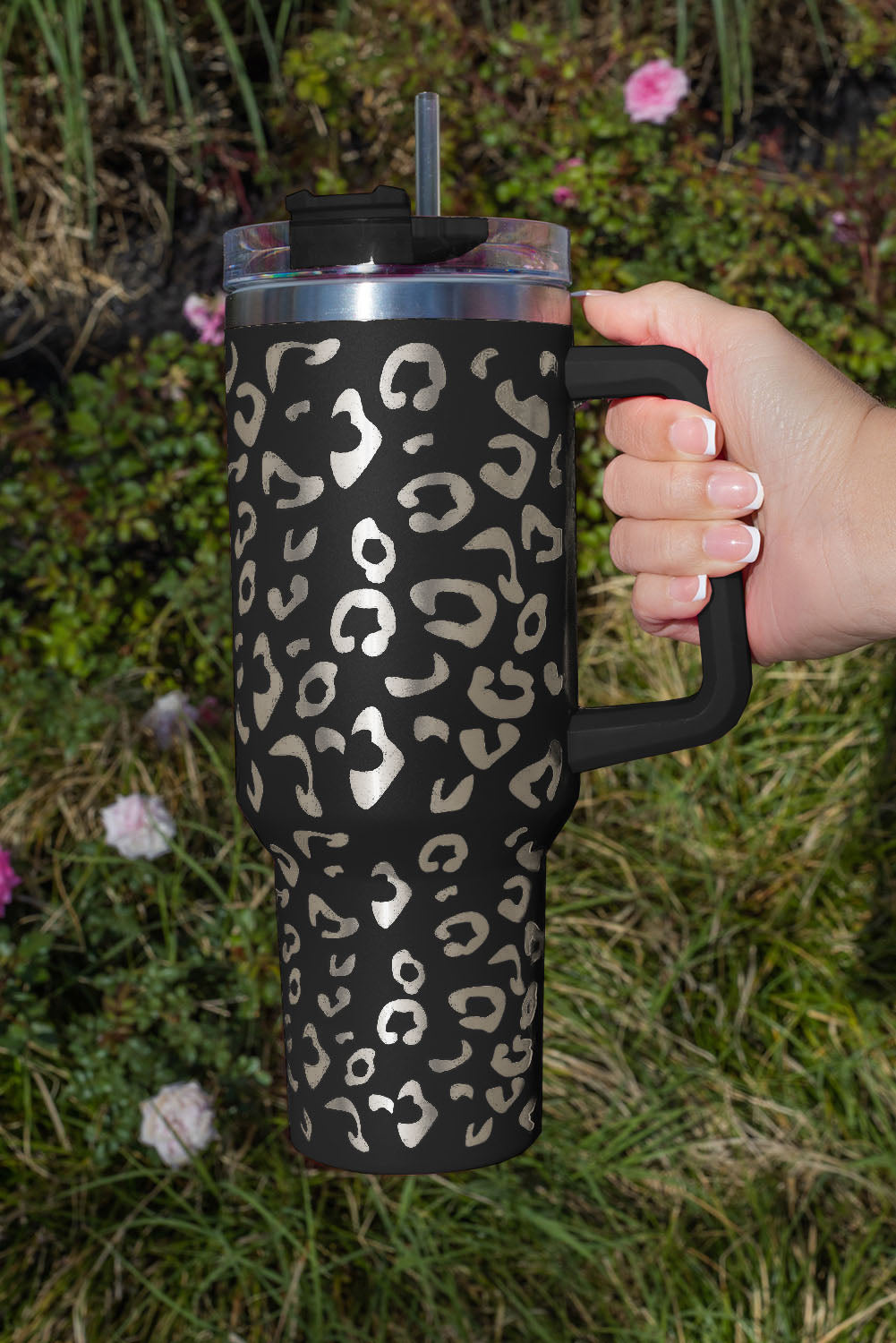 Pink 304 Leopard Spotted Stainless Double Insulated Tumbler Mug With Handle