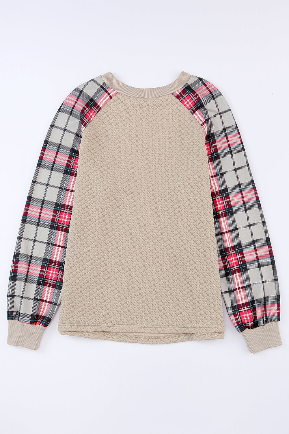 Brown Plaid Print Waffle Quilted Raglan Sleeve Sweatshirt