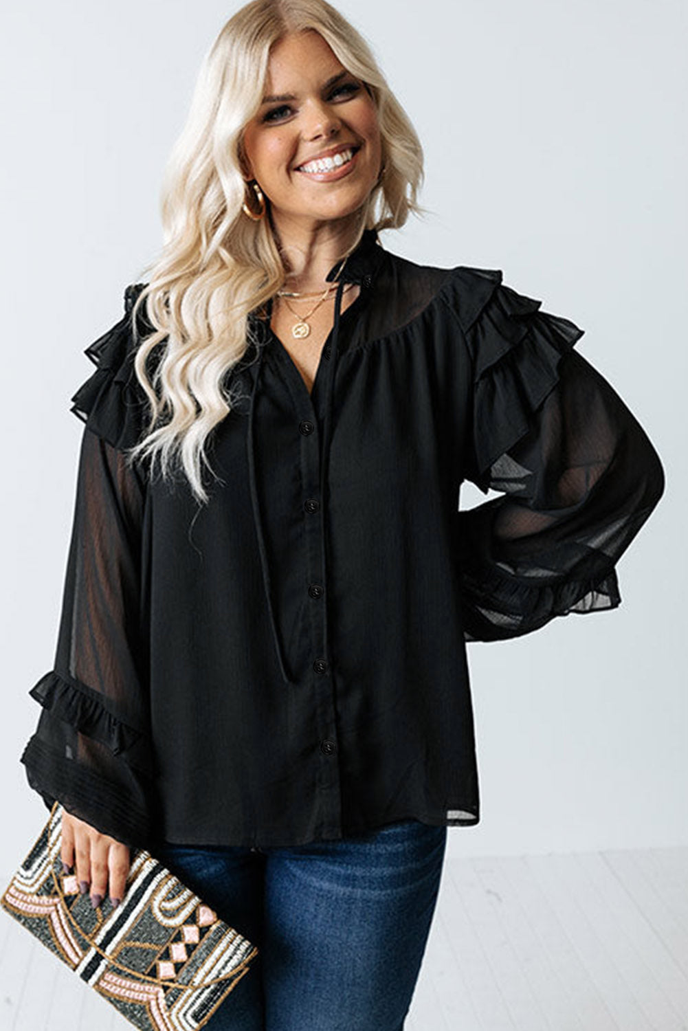 Black Tiered Ruffled Shoulder Buttoned Plus Size Blouse