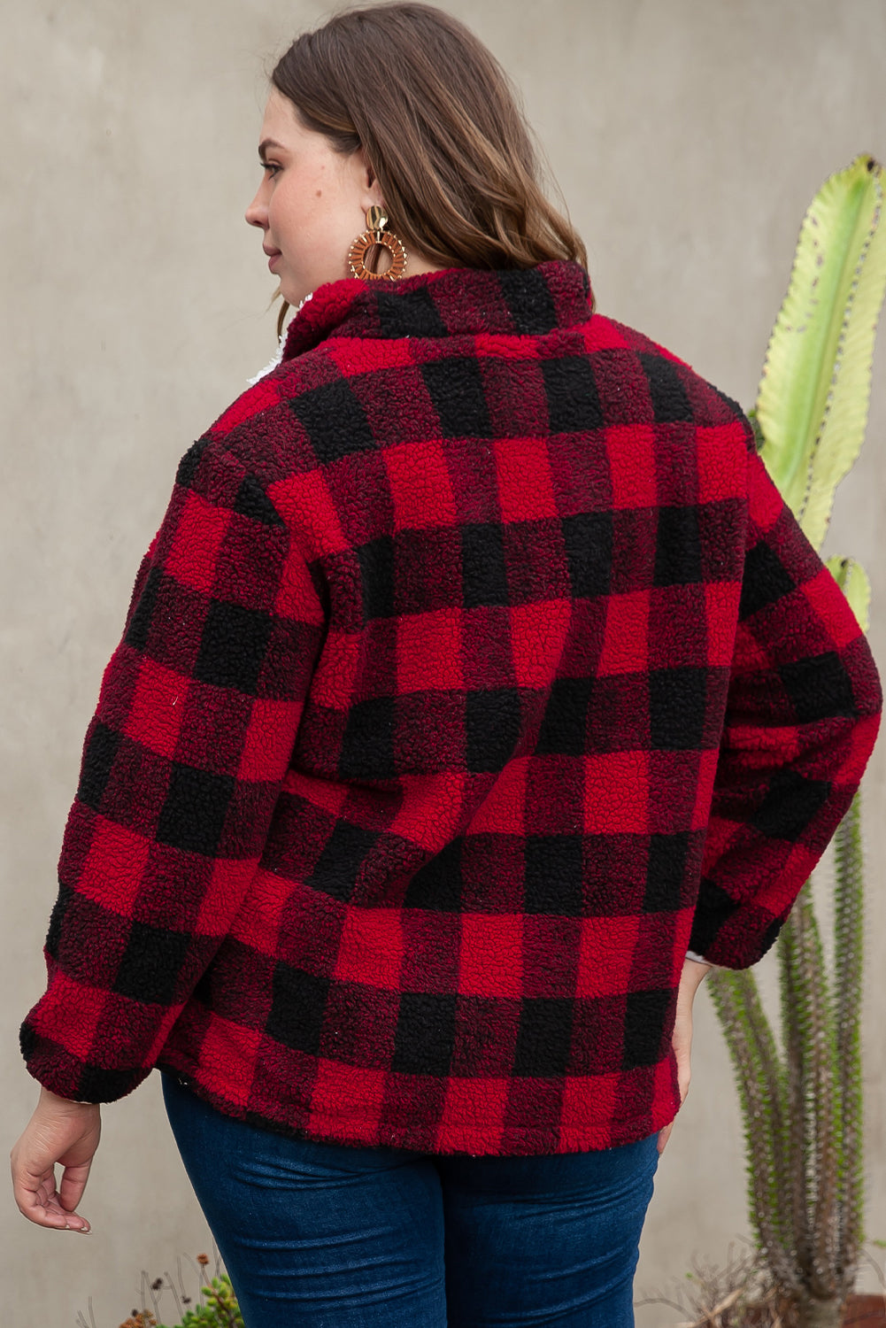 Red Plus Size Buffalo Plaid Sherpa Henley Sweatshirt