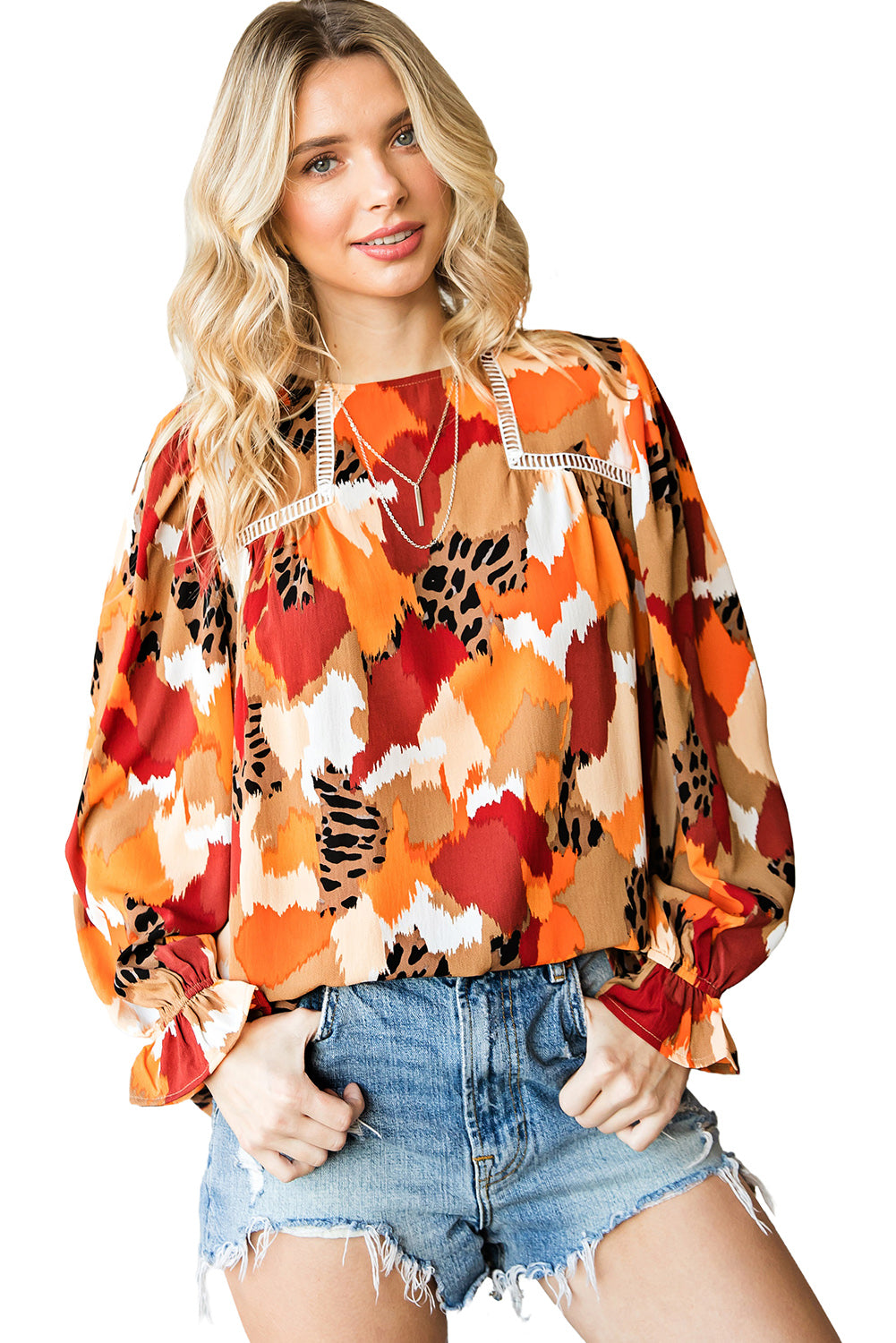 Multicolor Abstract Print Boho Ruffle Long Sleeve Blouse