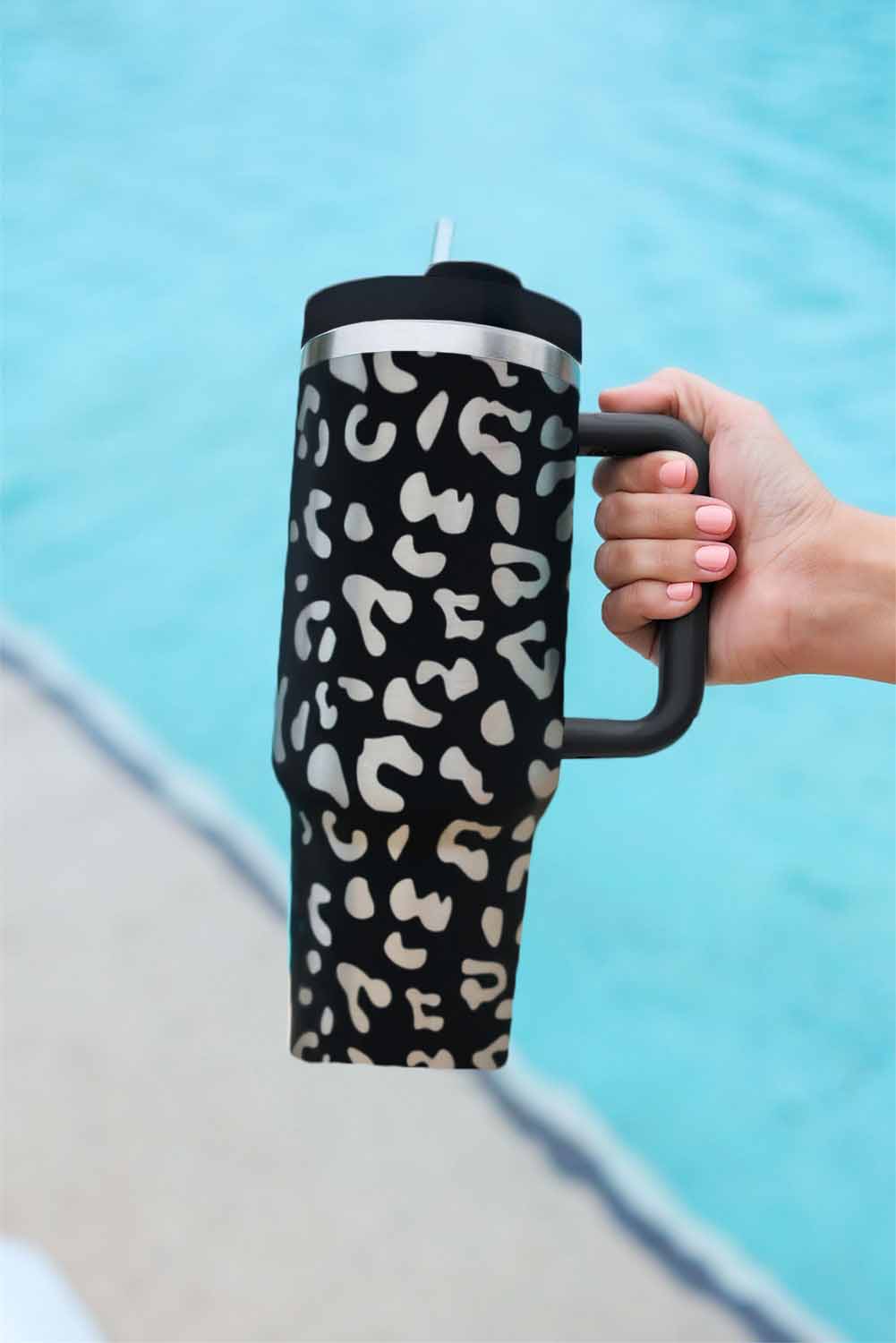 Black 40oz Stainless Steel Portable Leopard Tumbler Mug With Handle