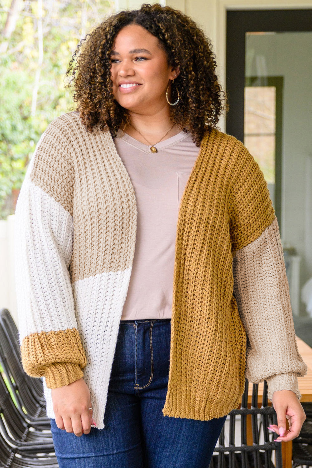 White Color Block Knitted Open Front Plus Size Cardigan