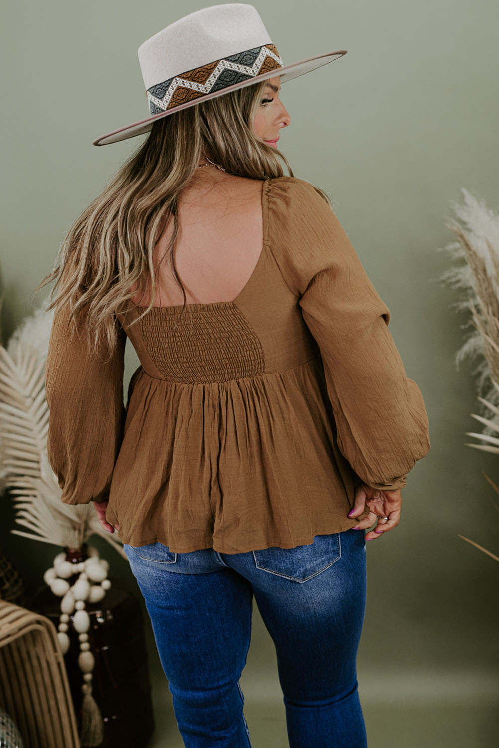 Khaki V-Neck Long Sleeve Shirred Peplum Plus Size Blouse