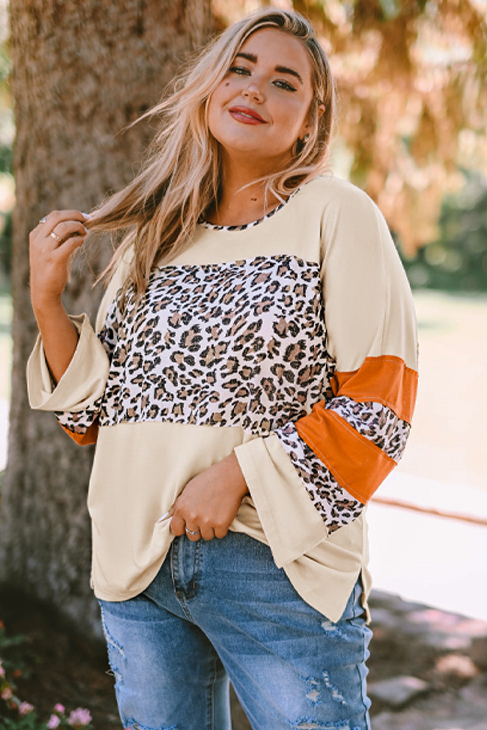 Apricot Leopard Print Color Block Patchwork Plus Size Top