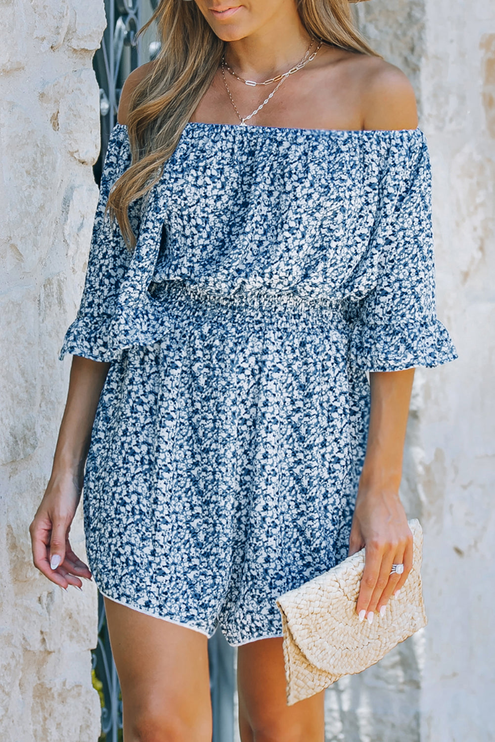 Dark Blue Shirred Ditsy Floral Bell Off Shoulder Romper