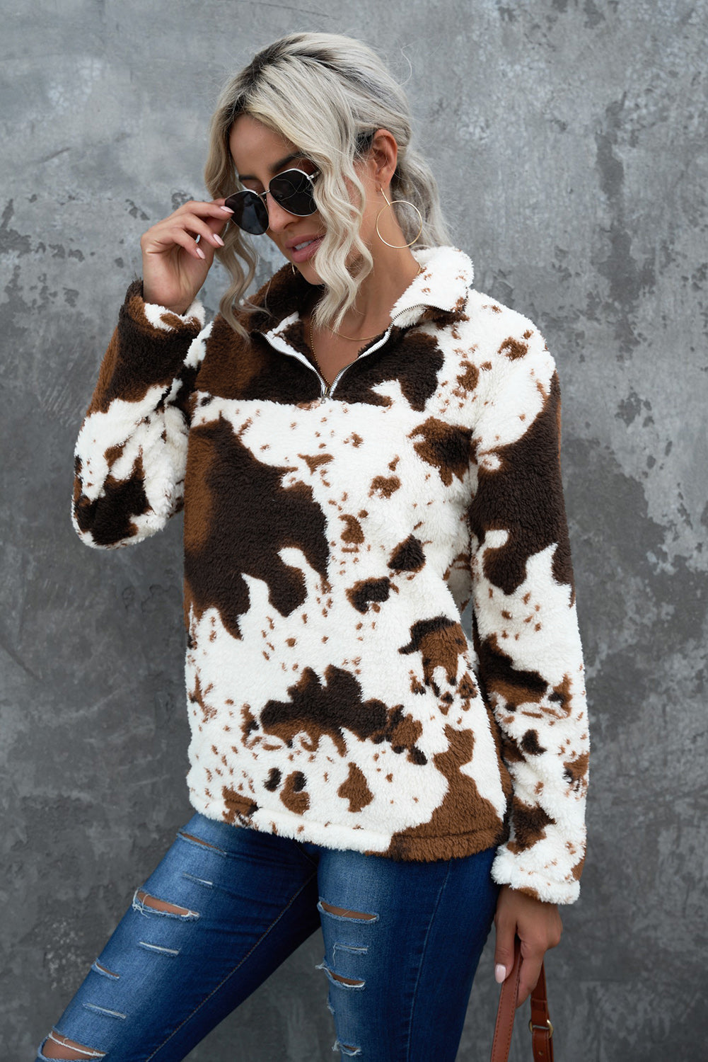 White Animal Print Zipper Collared Pocketed Sweatshirt