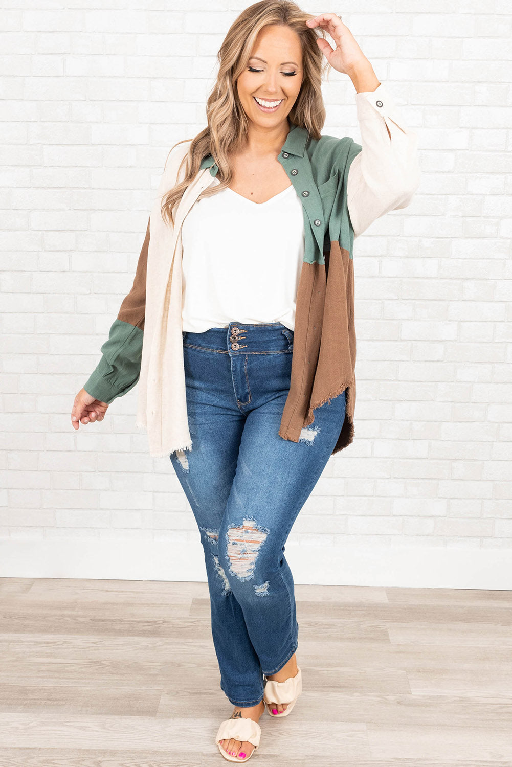 Green Colorblock Button-Up Long Sleeve Plus Size Shirt