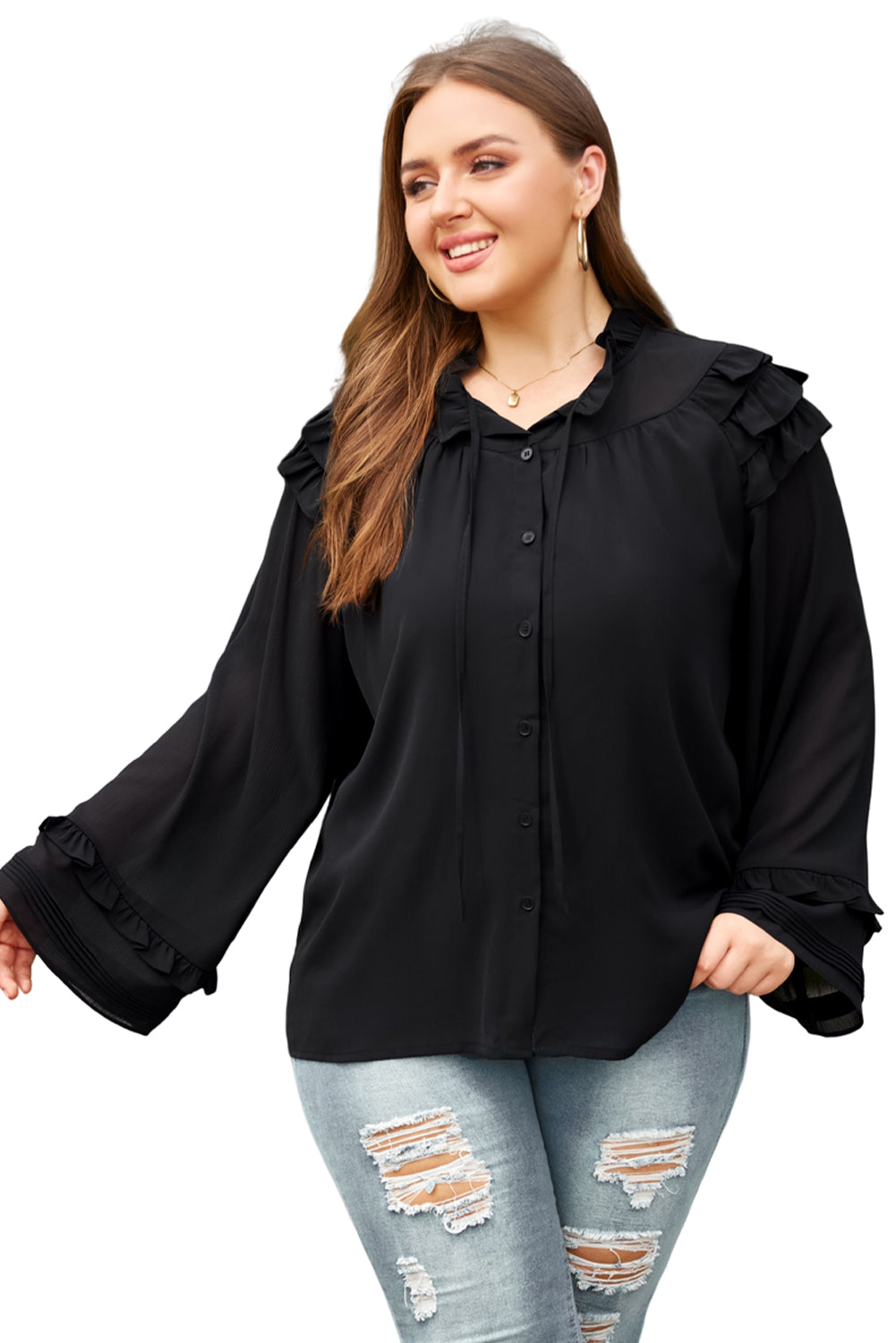 Black Tiered Ruffled Shoulder Buttoned Plus Size Blouse