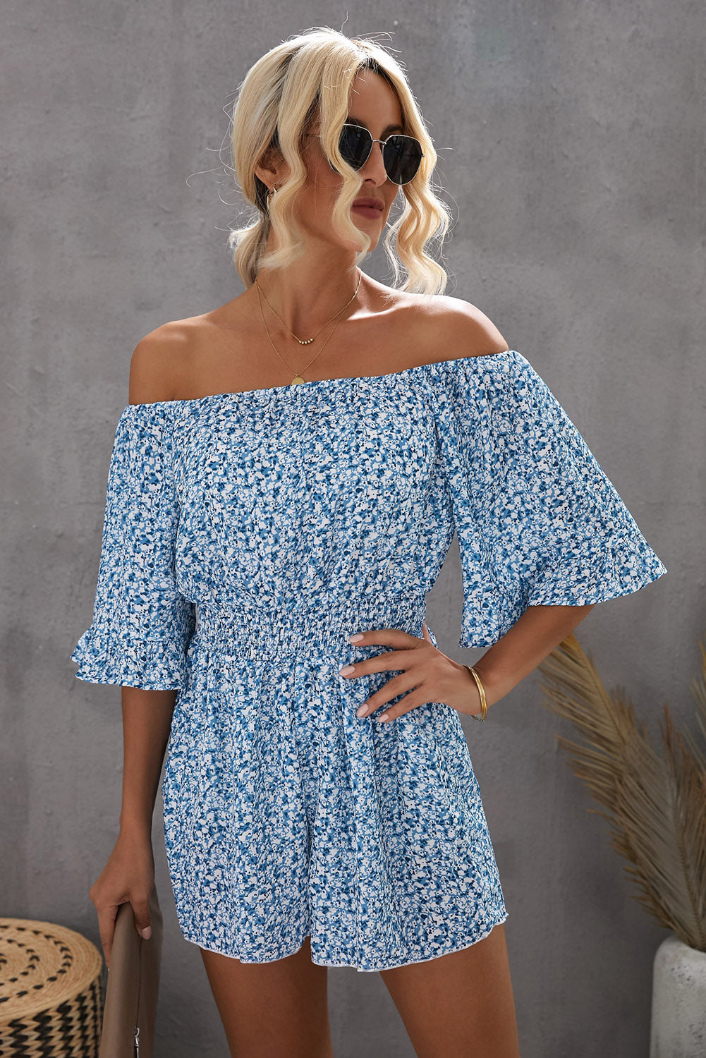 Dark Blue Shirred Ditsy Floral Bell Off Shoulder Romper